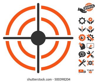 Target icon with bonus configuration symbols. Vector illustration style is flat iconic symbols, orange and gray colors, white background.