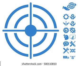 Target icon with bonus tools icon set. Vector illustration style is flat iconic symbols, cobalt color, white background.