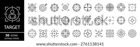 Target icon. Bullseye symbol. Precision, accuracy, focus icon for aiming, archery, shooting. Gun sight crosshairs. Editable stroke.