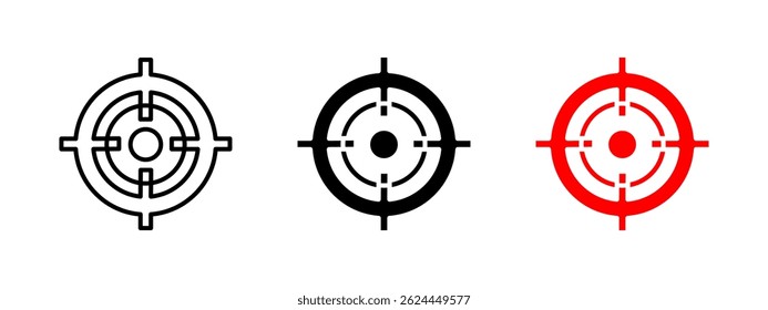 Ícone de destino. Ilustração de vetor de mira circular. Focagem e símbolo de mira para jogos, faixas de tiro e rastreamento de objetivo. Pictograma de alvo para aplicativos de sniper, definição de metas ou indicadores de precisão