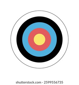 Target icon. Classic archery target with concentric blue, red, yellow, black and white rings. Vector illustration.