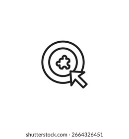 Un icono de destino con un símbolo de nube en el centro es pulsado por una flecha de cursor. Representa la orientación a los servicios en la nube, la selección de recursos en línea o el enfoque en la tecnología de la nube.