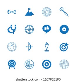 Target icon. collection of 16 target filled and outline icons such as bow, flag on mountain, arrow bow, radar, dart, flag, sligshot. editable target icons for web and mobile.