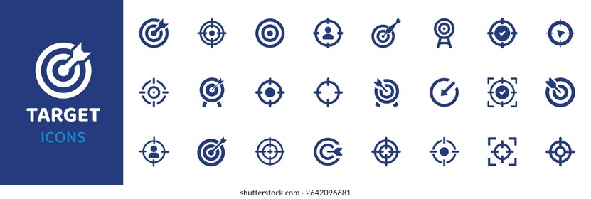 Destino - Coleção de Ícones. Thin Line Set contém ícones como Target, Aim, Goal, Focus, Bullseye, Hit, Scope e muito mais. Conjunto de ícones simples da Web.