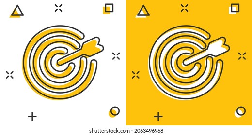 Target icon in comic style. Darts game cartoon vector illustration on white isolated background. Aim arrow splash effect business concept.