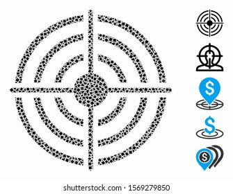 Target icon composition of humpy items in various sizes and color hues, based on target icon. Vector humpy items are composed into mosaic. Target icons collage with dotted pattern.