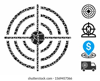 Target icon composition of humpy pieces in different sizes and color hues, based on target icon. Vector rugged pieces are combined into composition. Target icons collage with dotted pattern.