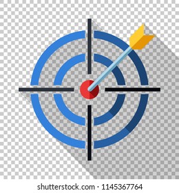 Target icon with dart and long shadow in flat style on transparent background