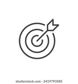 Target icon. Dartboard with arrow. Marketing strategy sign. Goal achievement symbol. Bullseye in trendy outline style. Vector illustration