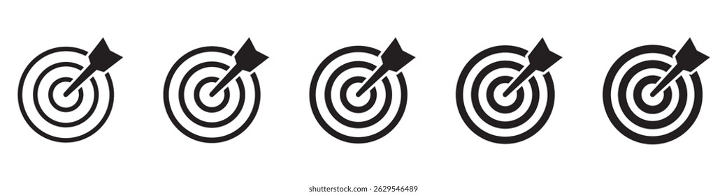 Ícone de destino, dartboard com ícone de seta. Atirar com sucesso. Dardos ícones de alvo definidos.