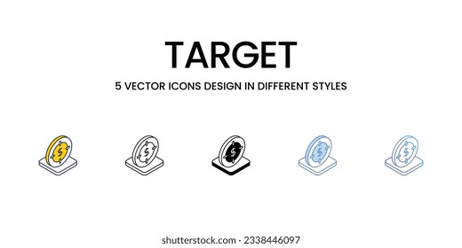 Diseño de iconos de destino en cinco estilos con barra modificable. Línea, Sólido, Línea plana, Color de tono Duo y Línea de degradado de color. Adecuado para diseño de páginas Web, aplicaciones móviles, UI, UX y GUI.