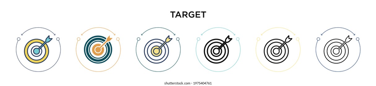 Target icon in filled, thin line, outline and stroke style. Vector illustration of two colored and black target vector icons designs can be used for mobile, ui, web