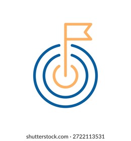 Icono de destino con una bandera que representa una meta, misión u objetivo comercial. Apuntar al éxito, la estrategia y el concepto de logro. Icono de línea delgada, trazo editable