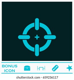 Target icon flat. Blue pictogram on dark background. Vector illustration symbol and bonus icons