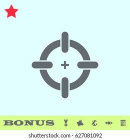 Target icon flat. Grey pictogram on blue background. Vector illustration symbol and bonus buttons medal, cow, earth, eye, calculator