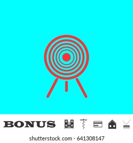 Target icon flat. Red pictogram on blue background. Vector illustration symbol and bonus buttons Music center, corkscrew, credit card, house, drum