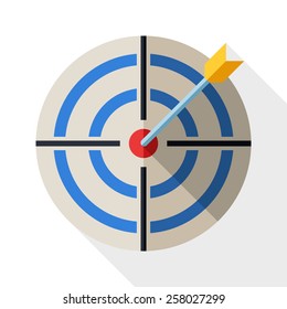 Target icon in flat style with dart and long shadow on white background