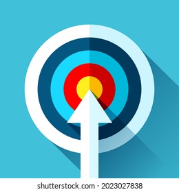 Target icon in flat style on color background. Arrow in the center aim. Vector design element for you business projects