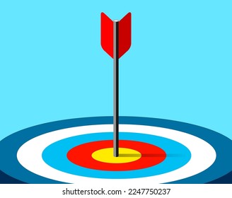 Target icon in flat style on color background. Bullseye business concept. Arrow in the center aim, fragment. Vector design element for you projects