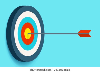 Target icon in flat style on color background. Bullseye business concept. Arrow in the center aim, fragment. Vector design element for you projects