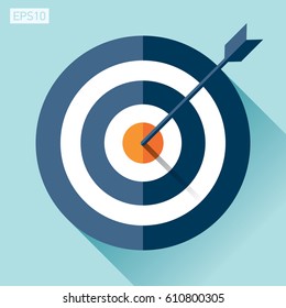 Target icon in flat style on color background. Arrow in the center. Vector design element