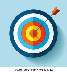 Target icon in flat style on color background. Arrow in the center aim. Vector design element for you business projects