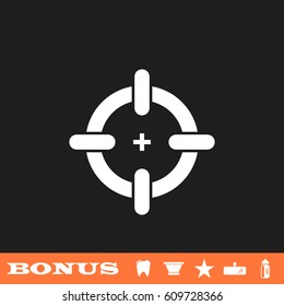 Target icon flat. White pictogram on black background. Vector illustration symbol and bonus button tooth, vase, star, mirror, bottle