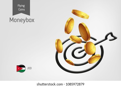 Target icon with flying Jordanian Dinar coins, finance concept. Vector illustration for print, websites, web design, mobile app, infographics.