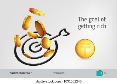 Target icon with flying Kazakhstani Tenge coins, finance concept. Vector illustration for print, websites, web design, mobile app, infographics.