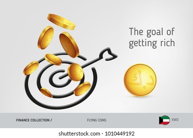 Target icon with flying Kuwaiti Dinar coins, finance concept. Vector illustration for print, websites, web design, mobile app, infographics.