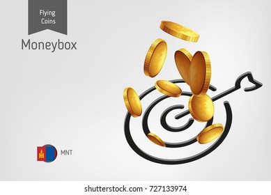 Target icon with flying Mongolian Tughrik coins, finance concept. Vector illustration for print, websites, web design, mobile app, infographics.