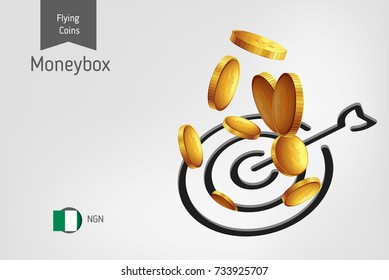 Target icon with flying Nigerian Naira coins, finance concept. Vector illustration for print, websites, web design, mobile app, infographics.