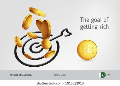 Target icon with flying Pakistani Rupee coins, finance concept. Vector illustration for print, websites, web design, mobile app, infographics.