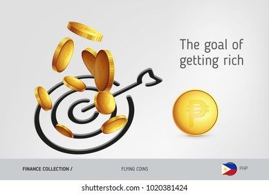 Target icon with flying Philippine Peso coins, finance concept. Vector illustration for print, websites, web design, mobile app, infographics.