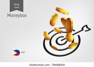 Target icon with flying Philippine Peso coins, finance concept.