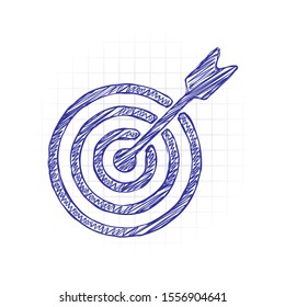 target icon. Hand drawn sketched picture with scribble fill. Blue ink. Doodle on white background