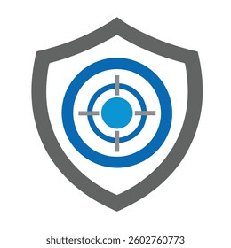 Target icon inside shield, protection and security concept, flat vector, blue and gray tones.