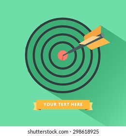 Target icon. Target logo concept with long shadow and ribbon for title or other text. Trendy flat icon with long shadow. Vector colorful illustration 
