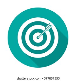 Target icon with long shadow. Flat design style. Round icon. Dartboard silhouette. Simple circle green icon. Modern flat icon. Web site page and mobile app design element.