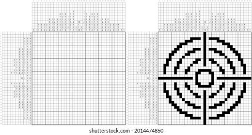 Target Icon Nonogram Pixel Art, Logic Puzzle Game Griddlers, Pic-A-Pix, Picture Paint By Numbers, Picross, Target Mark, Cross Hair Mark Vector Art Illustration