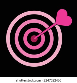 Icono de destino, flecha de corazón rosa sobre el objetivo, objeto de romance de colores de moda de estilo plano. Romance, amor, idea del día de San Valentín o elemento gráfico de concepto aislado en el fondo oscuro.