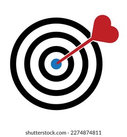 Target icon, red heart arrow on target, flat style trendy colors object. Romance, love, valentine's day idea or concept illustration graphic element isolated on white background.