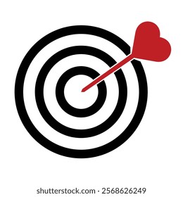 Target icon, red heart arrow on target, flat style trendy colors object. Romance, love, valentine's day idea or concept illustration graphic element isolated background.