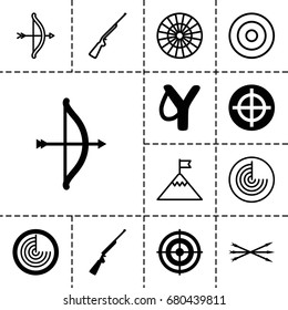 Target icon. set of 13 filled and outline target icons such as radar, hunting gun, target, arrow bow, bow, slingshot, flag on mountain