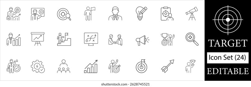 Conjunto de iconos de objetivo con 24 iconos de línea editables con objetivos de negocio, estrategia, éxito, liderazgo, trabajo en equipo y conceptos de logro, perfecto para presentaciones y proyectos.