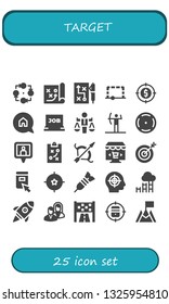 target icon set. 25 filled target icons.  Collection Of - Strategy, Goal, Target, Advertising, Job search, Value, Archery, Focus, Location pin, Online marketing, Click, Dart, Startup