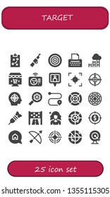 target icon set. 25 filled target icons.  Collection Of - Strategy, Rifle, Dartboard, Copywriter, Goal, Online marketing, Radar, Location pin, Focus, Target, Seo, Route, Dart