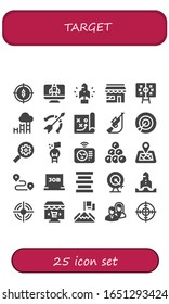 target icon set. 25 filled target icons.  Simple modern icons such as: Target, Startup, Market, Tactics, Goal, Archery, Strategy, Hunting, Seo, Radar, Round shot, Location pin
