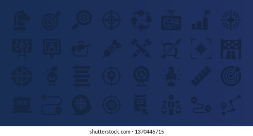 target icon set. 32 filled target icons. on blue background style Collection Of - Strategy, Tactics, Radar, Job search, Target, Location pin, Goal, Route, Seo, Rifle, Center alignment