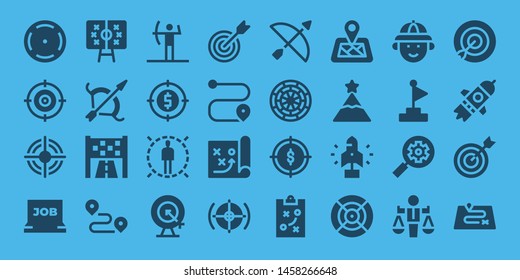 target icon set. 32 filled target icons. on blue background style Collection Of - Focus, Target, Job search, Tactics, Archery, Goal, Track, Route, Strategy, Dart board, Location pin